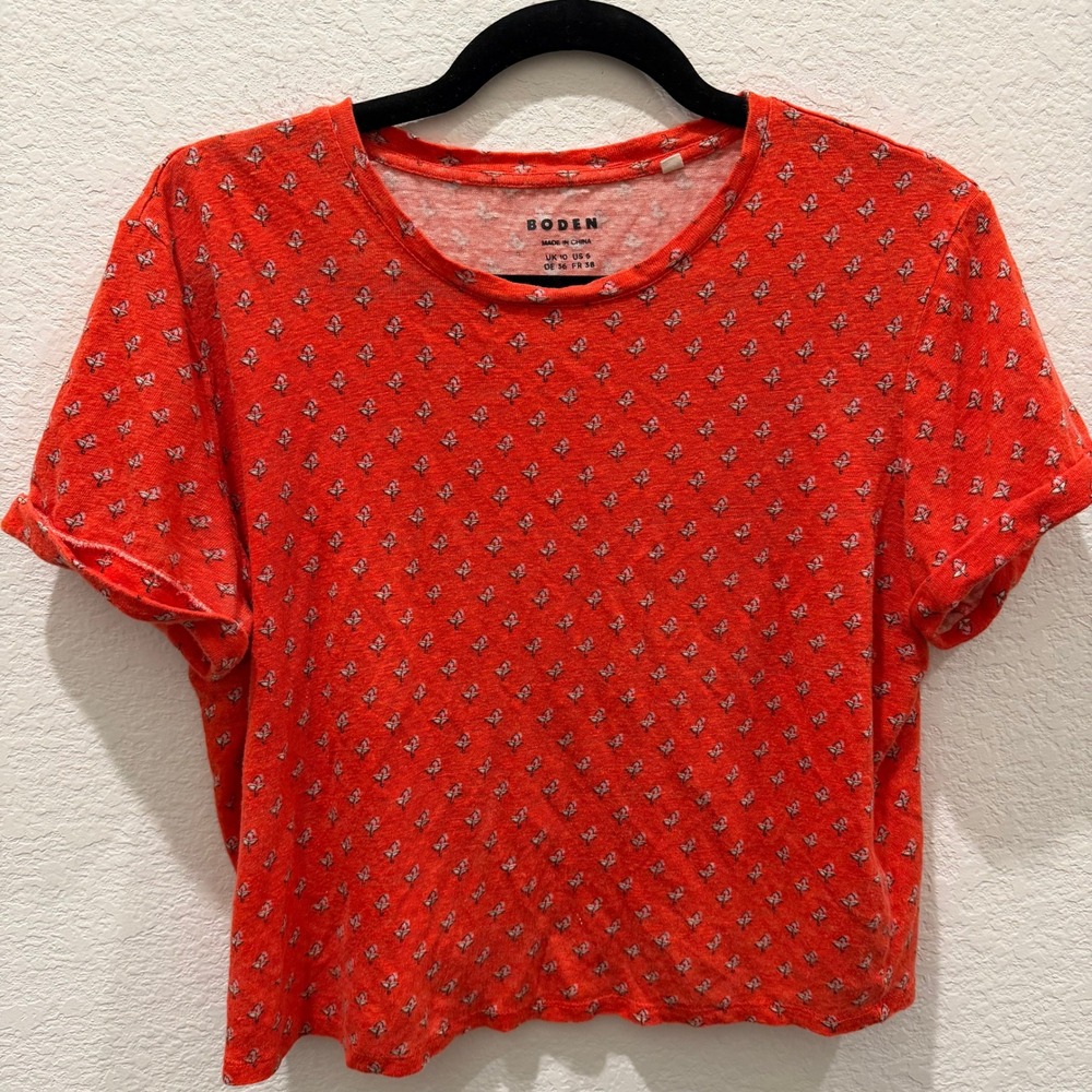 Boden Womens Red Floral Ditsy Print Short Sleeve Crop T-Shirt Size US 6